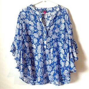 Vince Camuto Women Floral Blue White Flutter Sleeve Top Shirt Size 2X